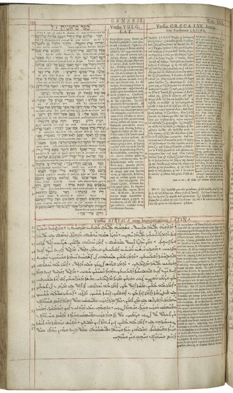 An example of a "polyglot" Bible---a Bible printed in its earliest languages and translations. On this leaf you can see texts in Hebrew, Latin, Greek, and Syriac, each in their own place and separated by hand-drawn red ruling.
