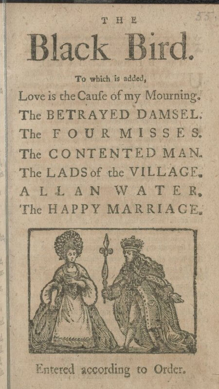 The title page to this small chapbook lists the 8 ballads printed therein along with a decorative woodcut.